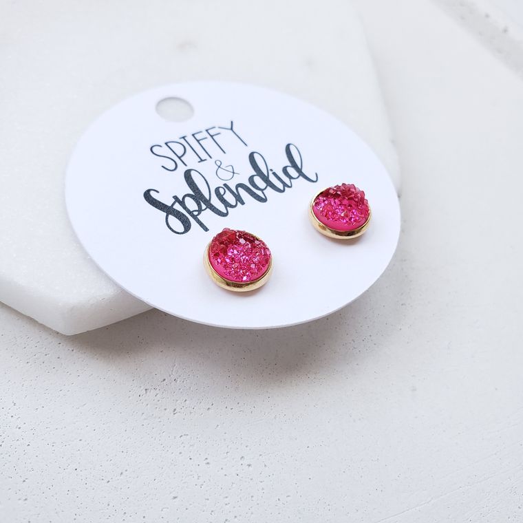 Hot Pink Geode Druzy Stud Earrings