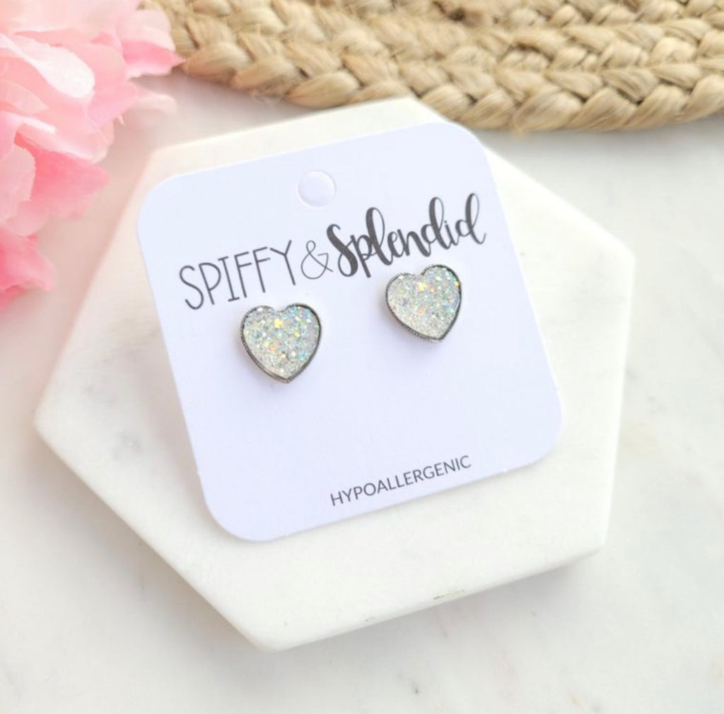 Druzy Heart Studs - Crystal