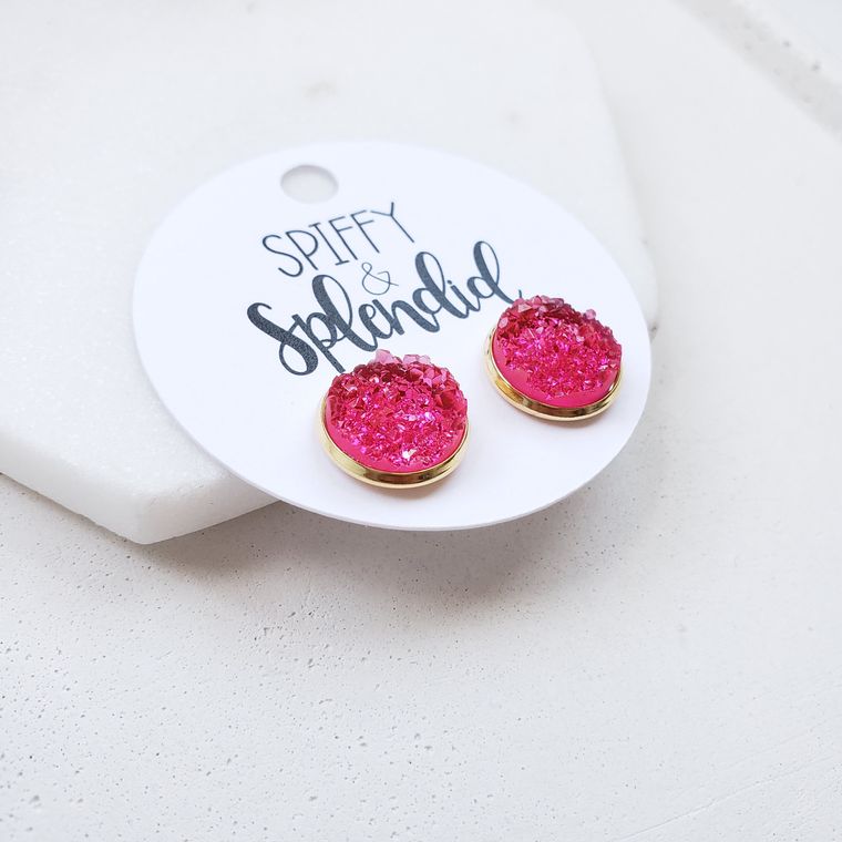 Hot Pink Geode Druzy Stud Earrings