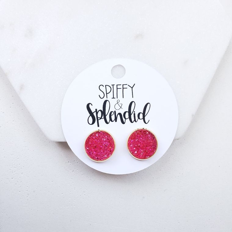 Hot Pink Geode Druzy Stud Earrings