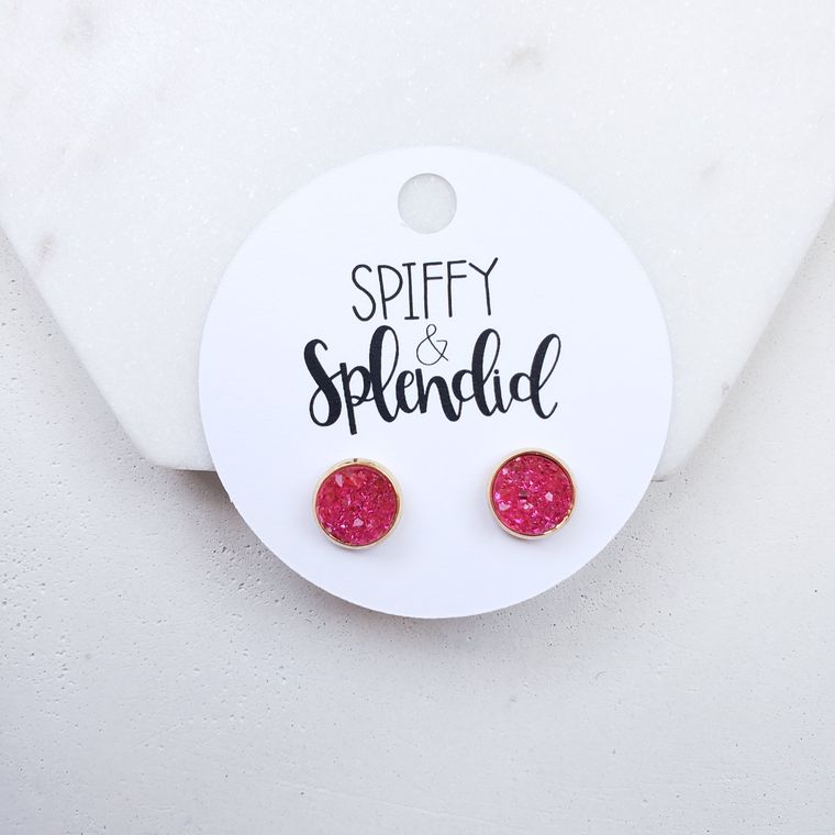 Hot Pink Geode Druzy Stud Earrings